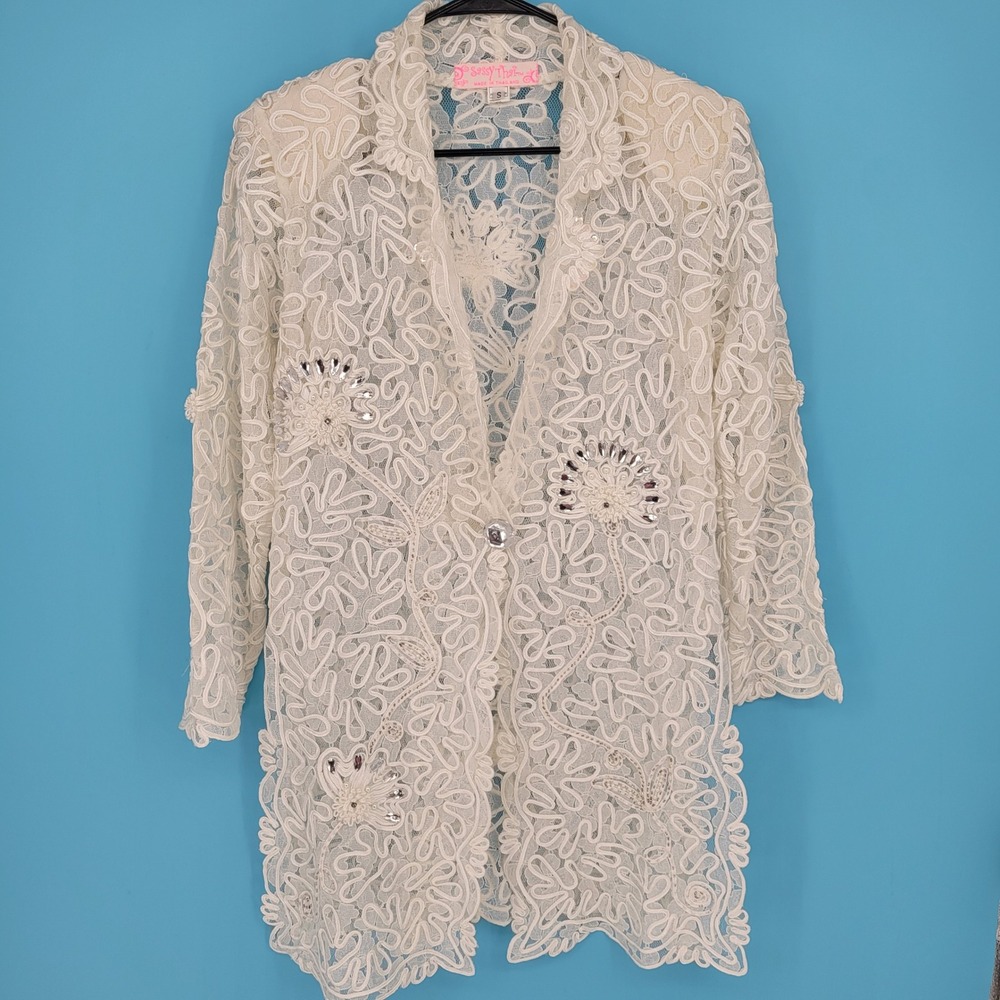 Sassy Thai Vintage White Tape Lace Duster Cardigan Embellished Boho Fairy Kimono